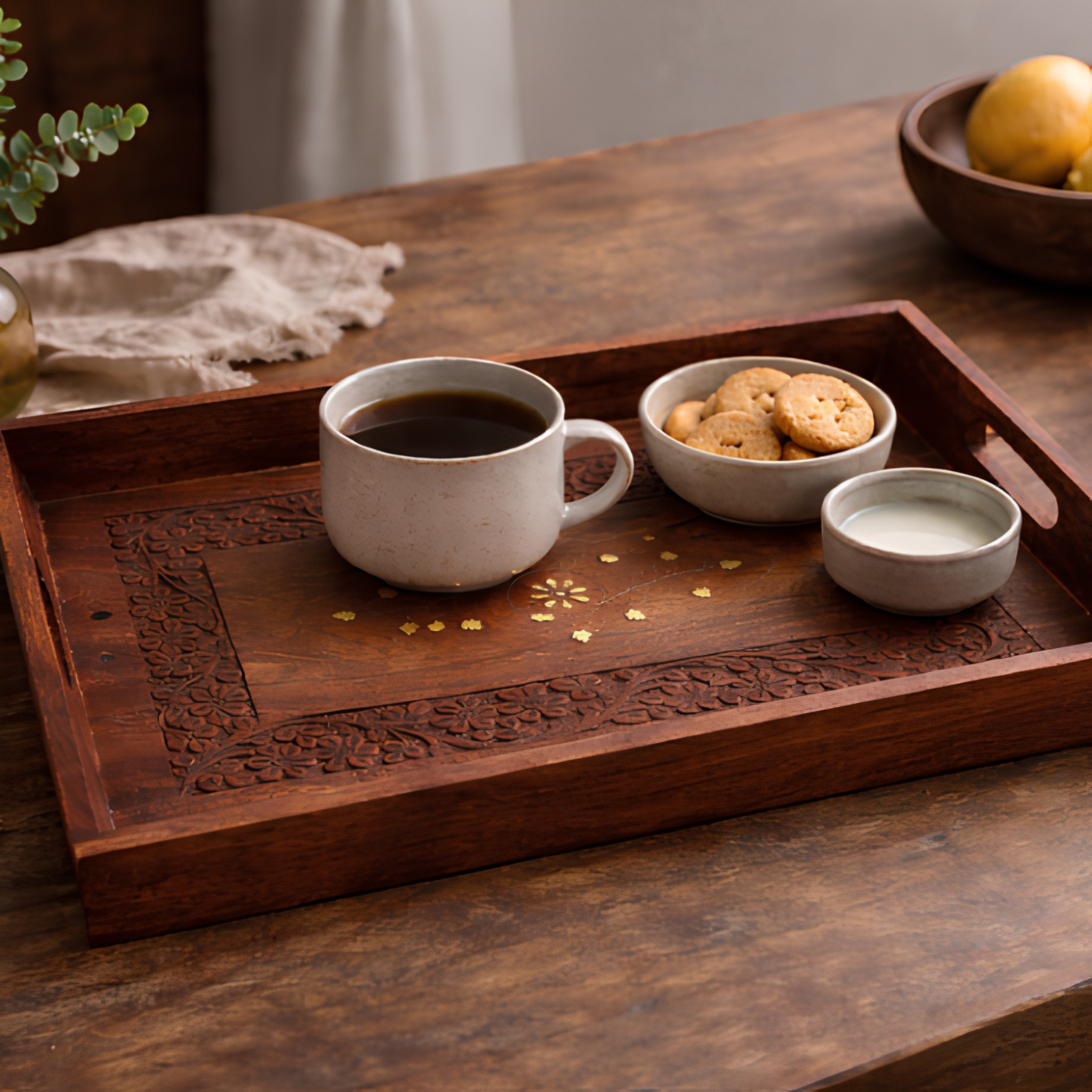 Carved Rectangular Serving Tray – Sheesham Wood