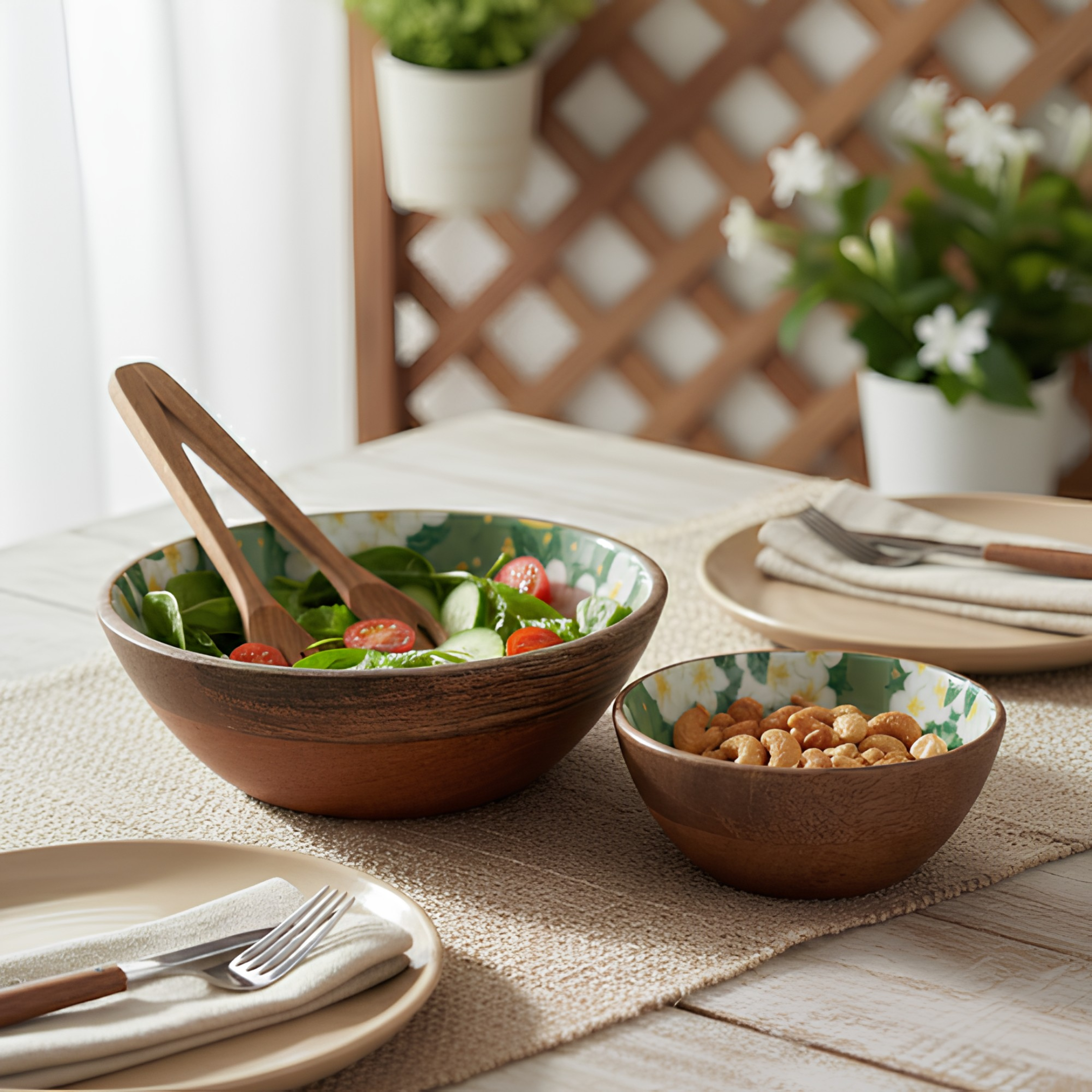Floral Enamel Serving Bowl – Wood Base