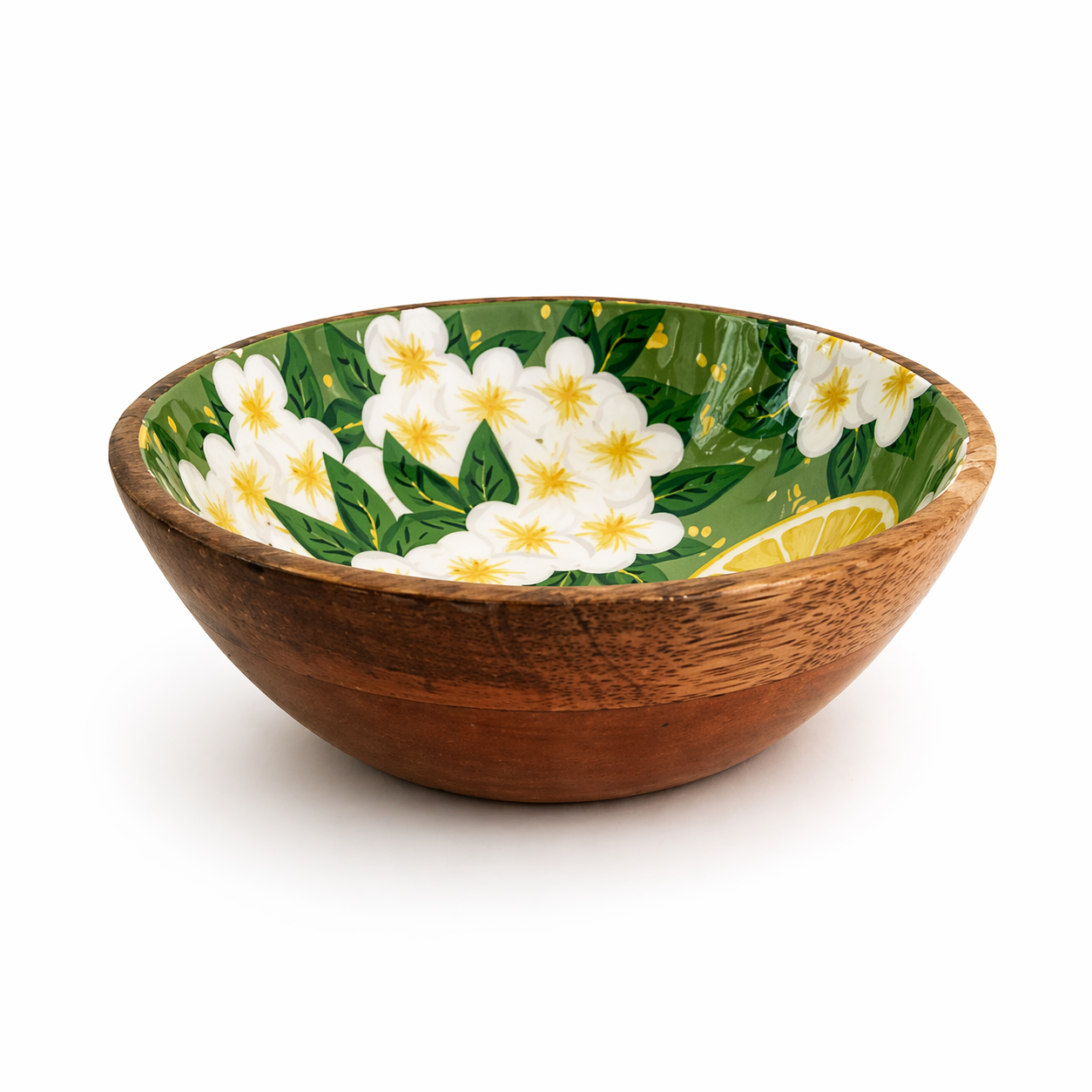 Floral Enamel Serving Bowl – Wood Base