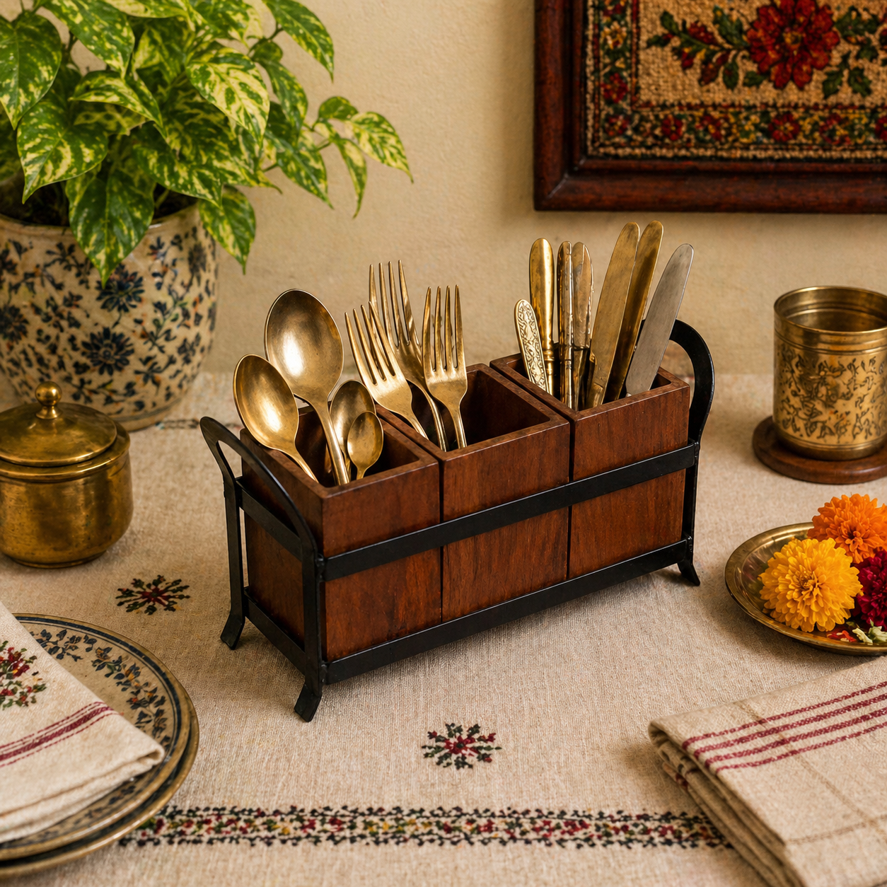 Tabletop Cutlery Holder – Wood & Metal