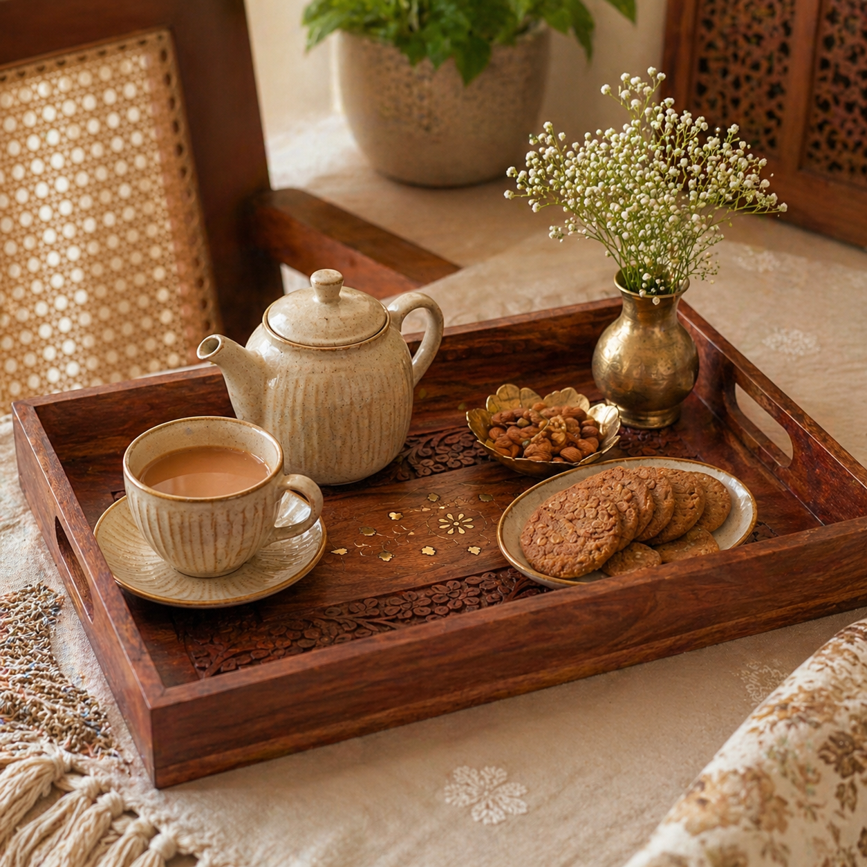 Carved Rectangular Serving Tray – Sheesham Wood