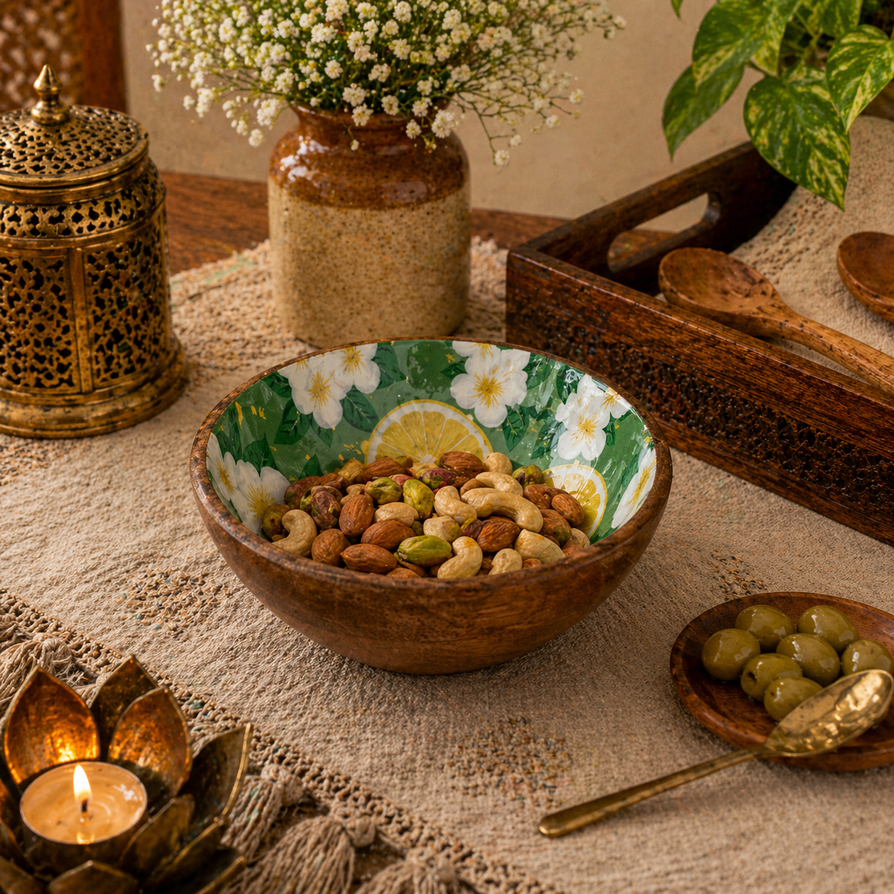 Floral Enamel Serving Bowl – Wood Base