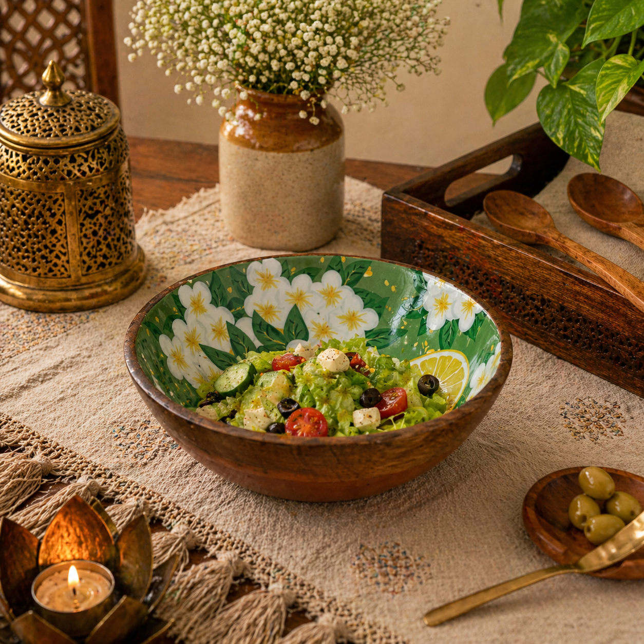 Floral Enamel Serving Bowl – Wood Base