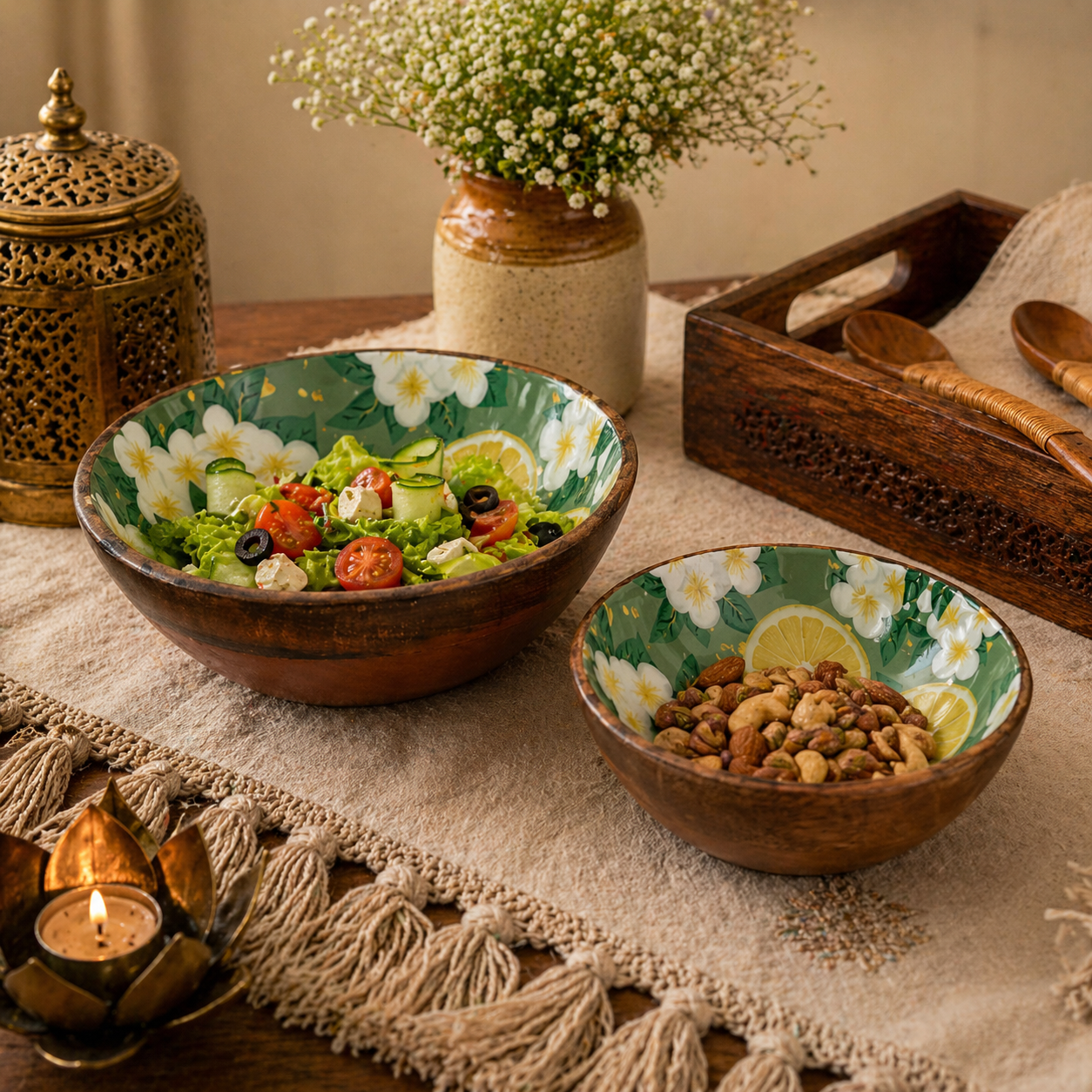 Floral Enamel Serving Bowl – Wood Base