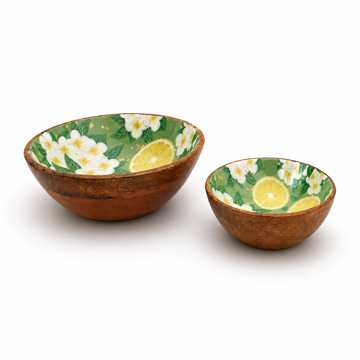 Floral Enamel Serving Bowl – Wood Base